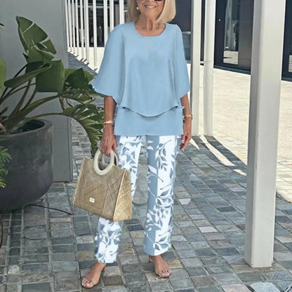 Women's Floral Print Chiffon Top and Pants Set