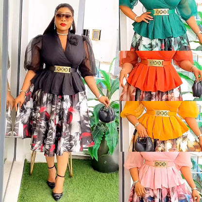 Women's Floral Print Chiffon Top and Skirt Two-Piece Set