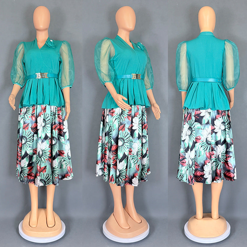 Women's Floral Print Chiffon Top and Skirt Two-Piece Set