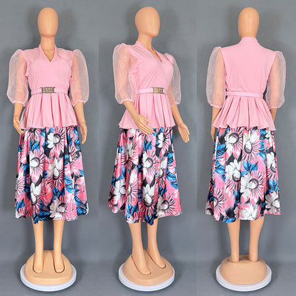 Women's Floral Print Chiffon Top and Skirt Two-Piece Set