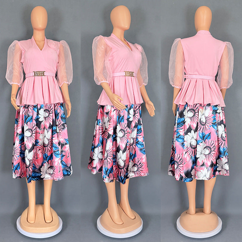 Women's Floral Print Chiffon Top and Skirt Two-Piece Set