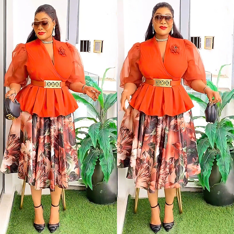 Women's Floral Print Chiffon Top and Skirt Two-Piece Set