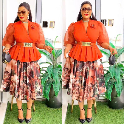 Women's Floral Print Chiffon Top and Skirt Two-Piece Set