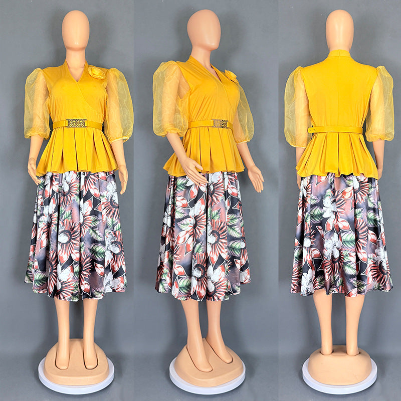 Women's Floral Print Chiffon Top and Skirt Two-Piece Set