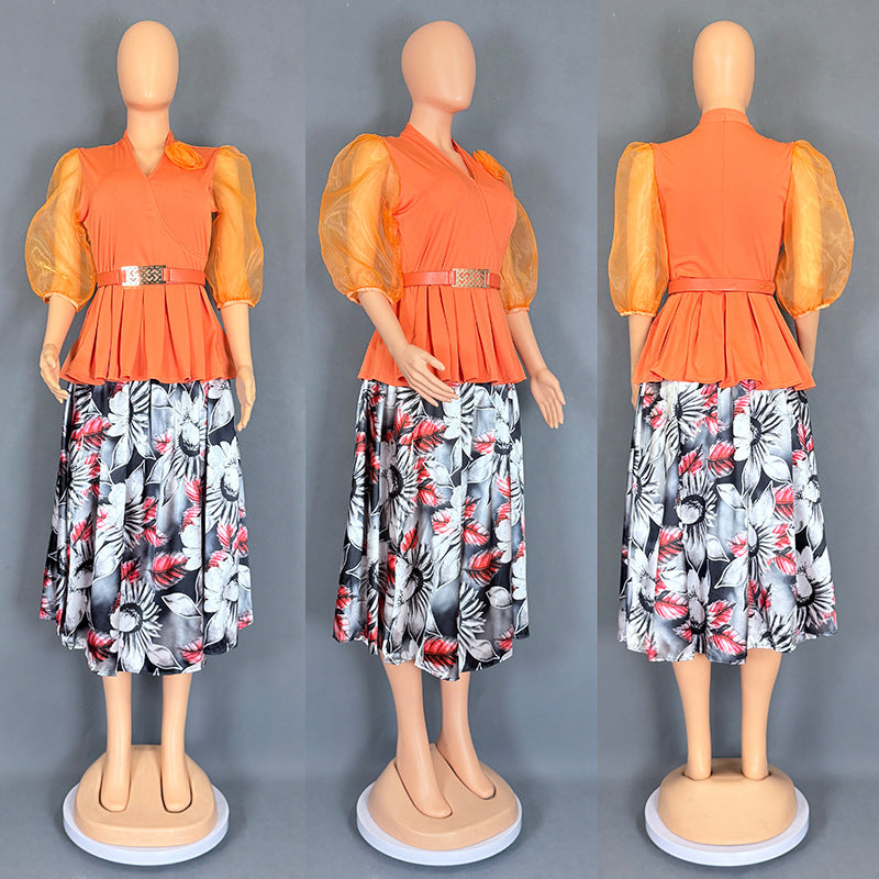 Women's Floral Print Chiffon Top and Skirt Two-Piece Set