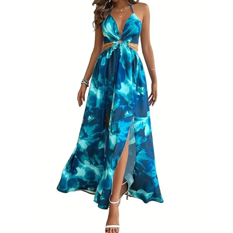 Women's floral print dress with a backless design