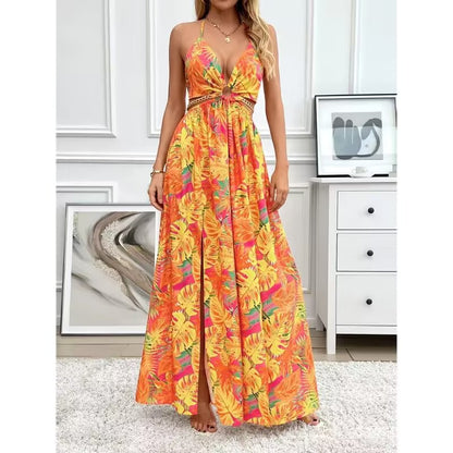Women's floral print dress with a backless design