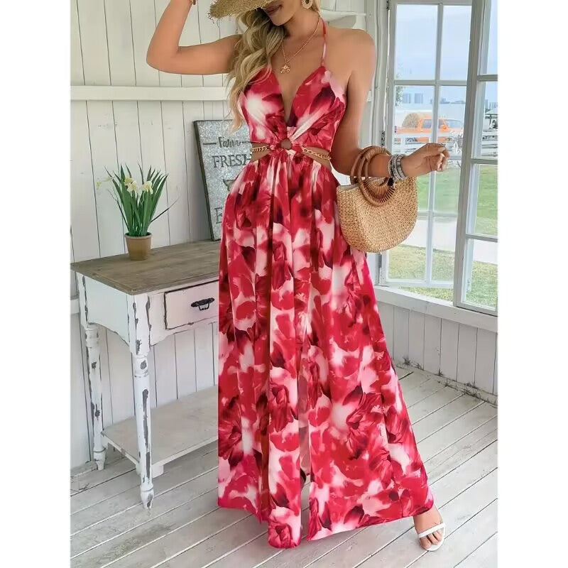 Women's floral print dress with a backless design