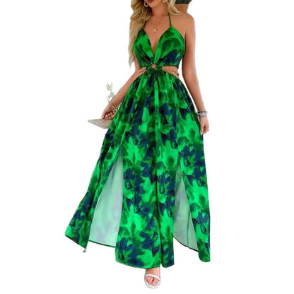 Women's floral print dress with a backless design