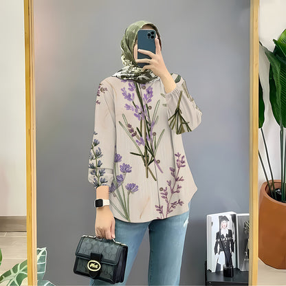 Women's Floral Print Long Sleeve Muslim Shirt