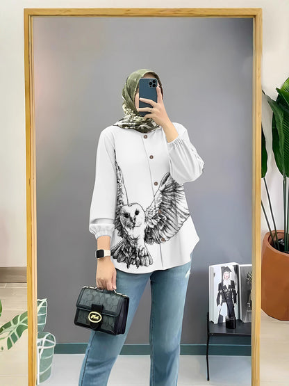 Women's Floral Print Long Sleeve Muslim Shirt