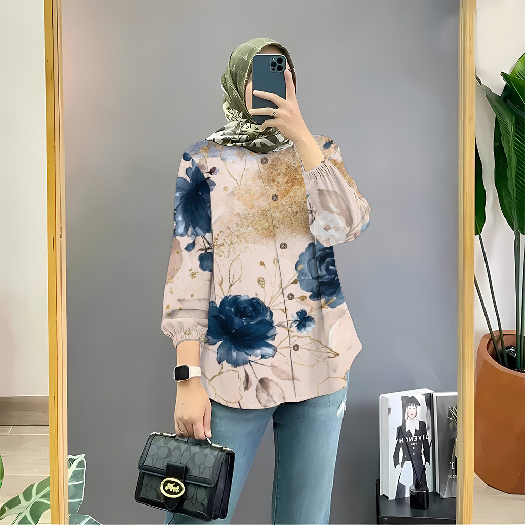 Women's Floral Print Long Sleeve Muslim Shirt