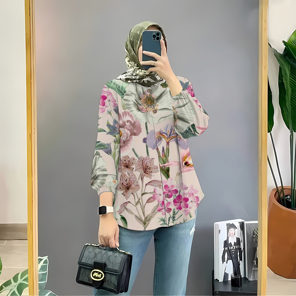 Women's Floral Print Long Sleeve Muslim Shirt