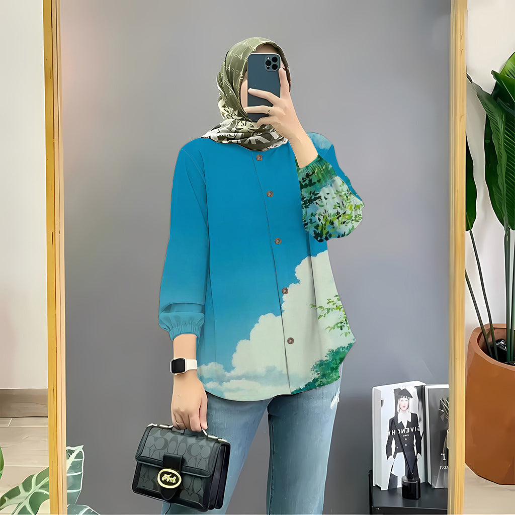 Women's Floral Print Long Sleeve Muslim Shirt