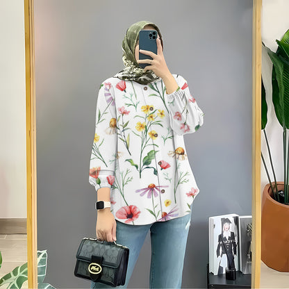 Women's Floral Print Long Sleeve Muslim Shirt