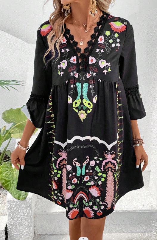 Women's Floral Print V-Neck Lace Dress