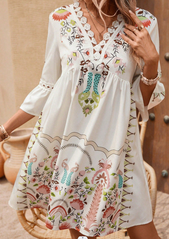 Women's Floral Print V-Neck Lace Dress