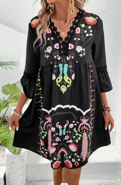 Women's Floral Print V-Neck Lace Dress