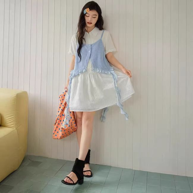 Women's Floral Shirt-Style Dress with Suspenders Skirt Set