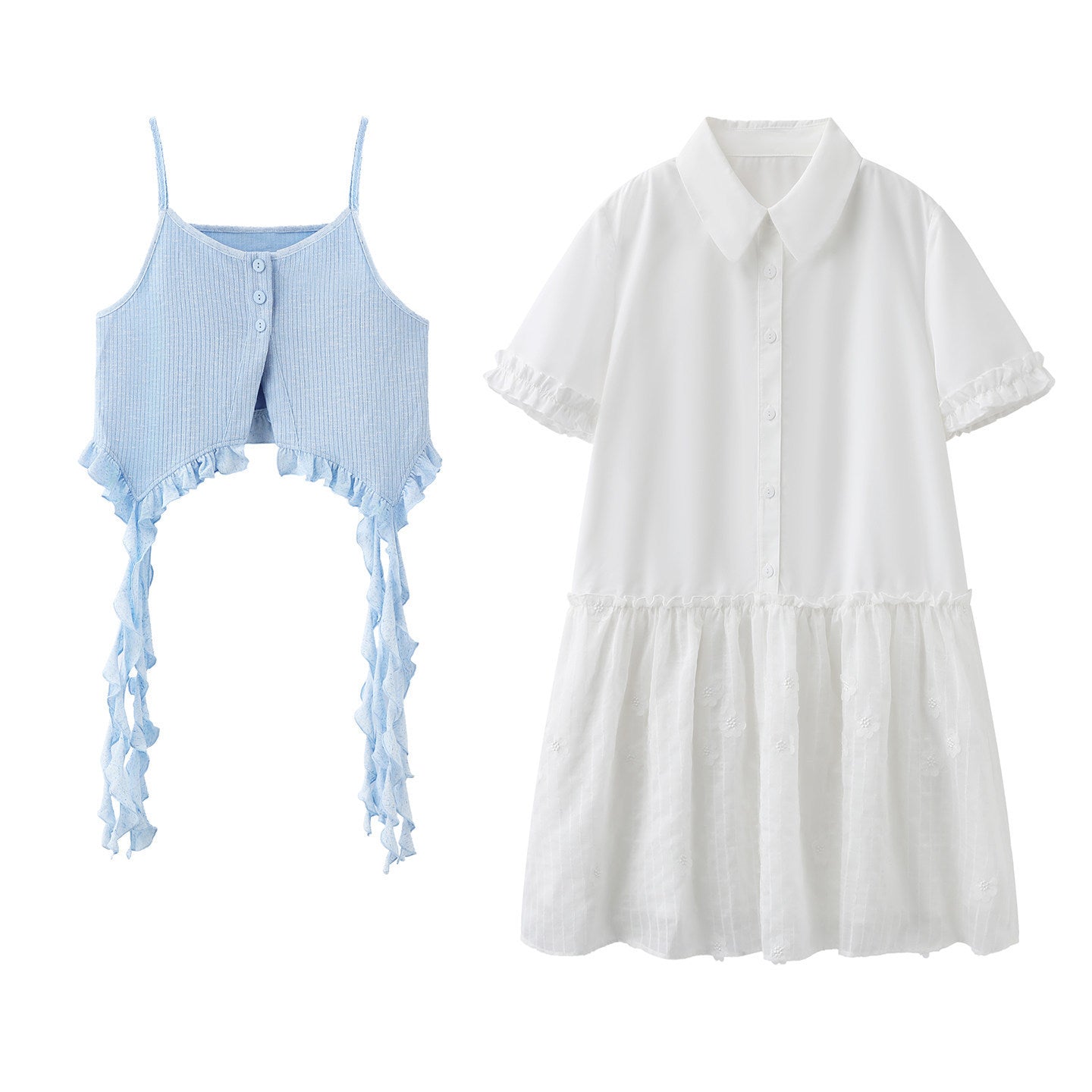 Women's Floral Shirt-Style Dress with Suspenders Skirt Set