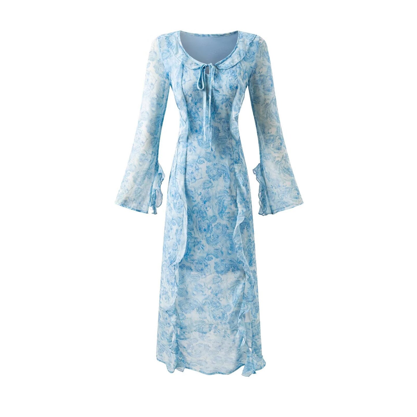 Women's French Retro Elegant Slim Fit Ruffled Round Neck Long Sleeve Waist Printed Dress