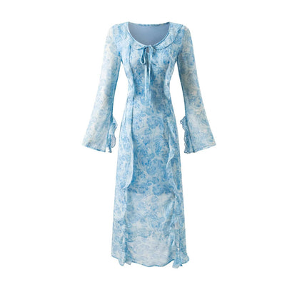 Women's French Retro Elegant Slim Fit Ruffled Round Neck Long Sleeve Waist Printed Dress