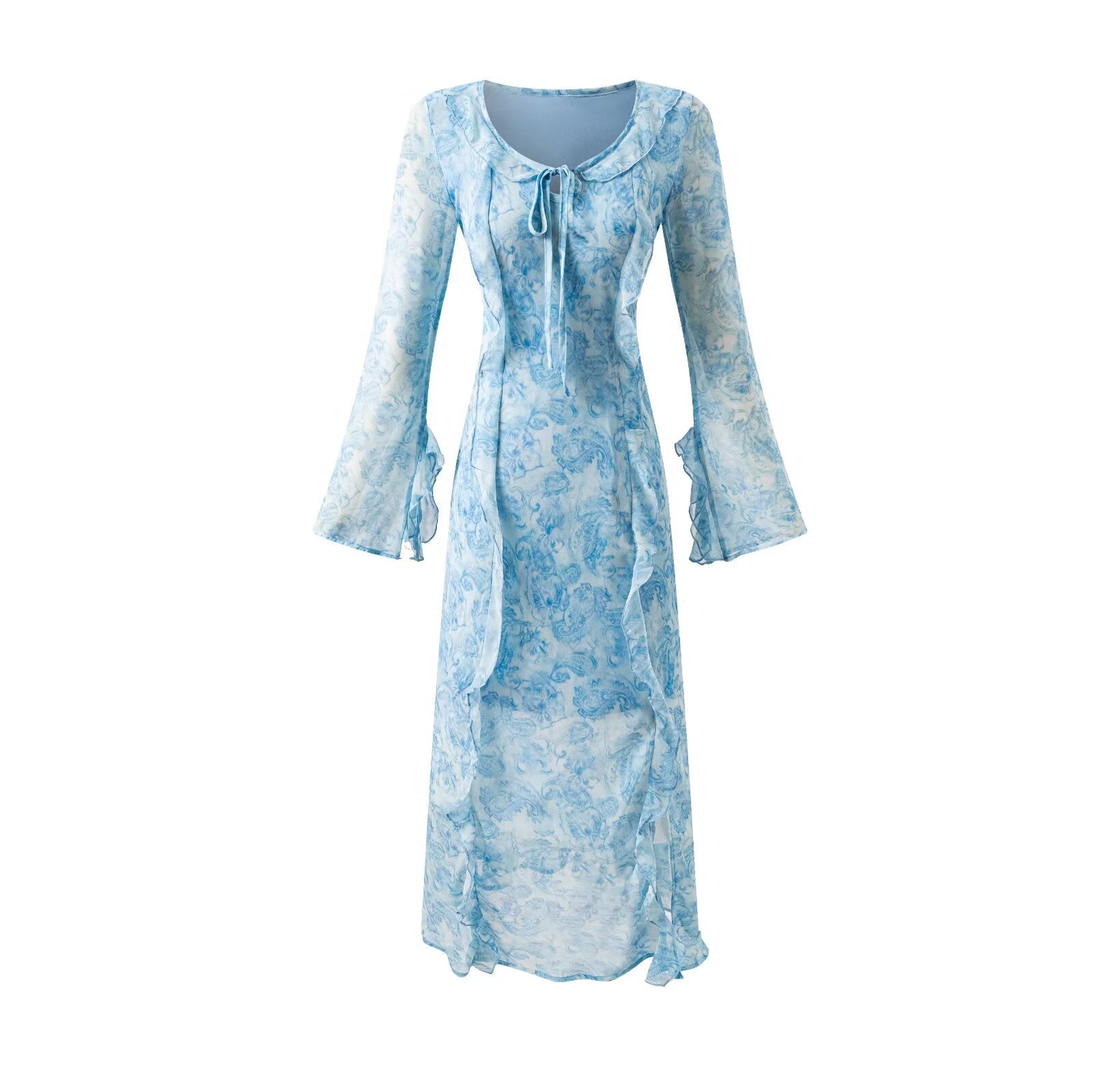Women's French Retro Elegant Slim Fit Ruffled Round Neck Long Sleeve Waist Printed Dress