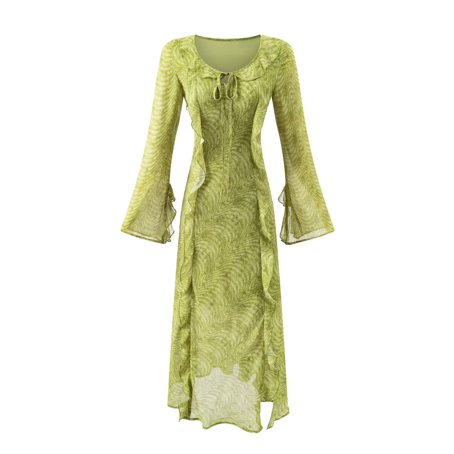 Women's French Retro Elegant Slim Fit Ruffled Round Neck Long Sleeve Waist Printed Dress