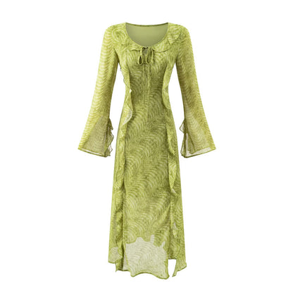 Women's French Retro Elegant Slim Fit Ruffled Round Neck Long Sleeve Waist Printed Dress