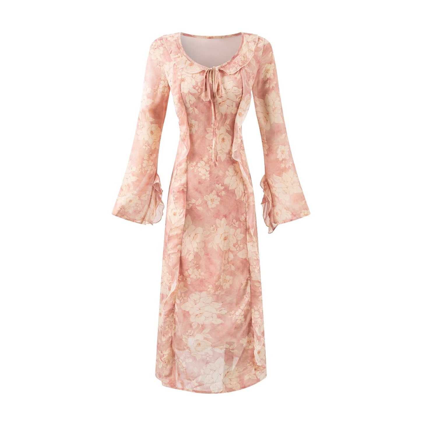Women's French Retro Elegant Slim Fit Ruffled Round Neck Long Sleeve Waist Printed Dress