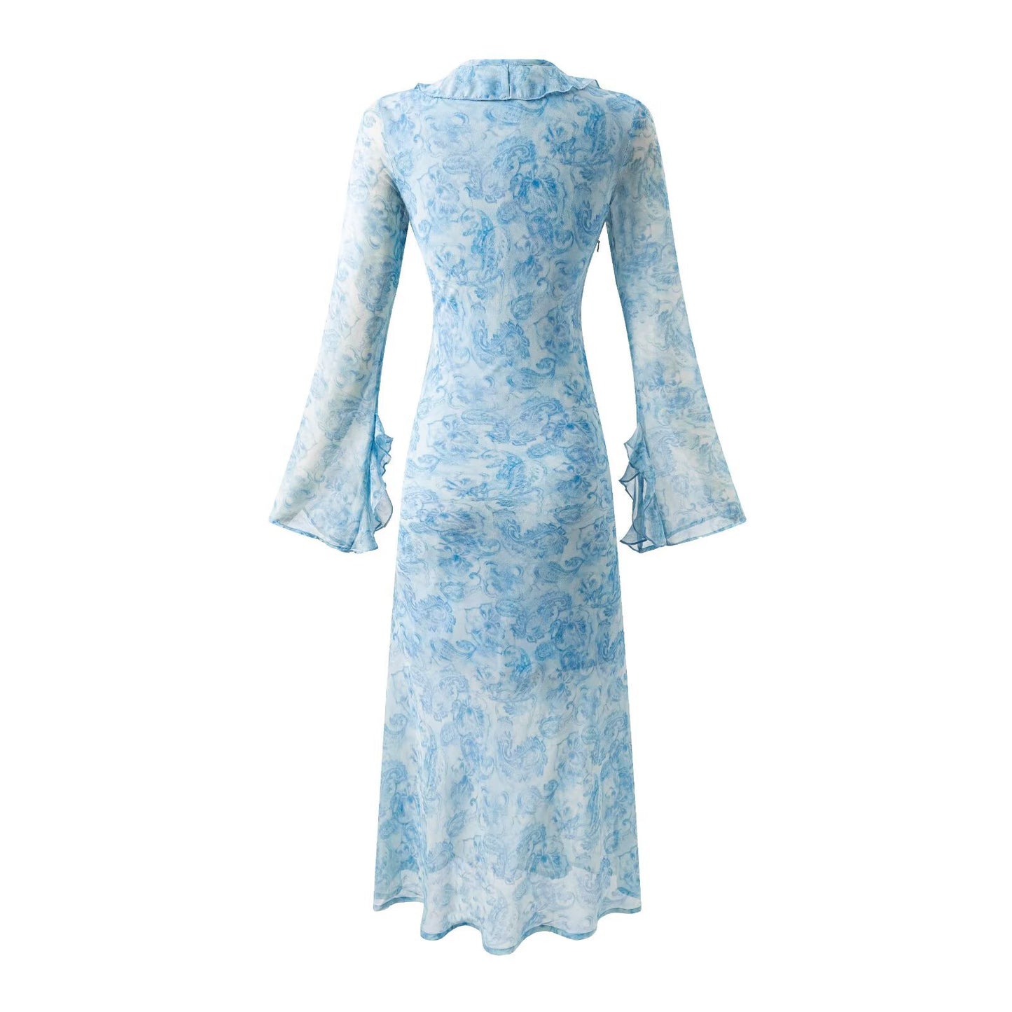 Women's French Retro Elegant Slim Fit Ruffled Round Neck Long Sleeve Waist Printed Dress