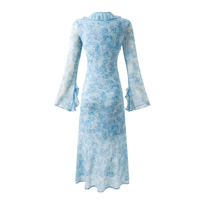 Women's French Retro Elegant Slim Fit Ruffled Round Neck Long Sleeve Waist Printed Dress