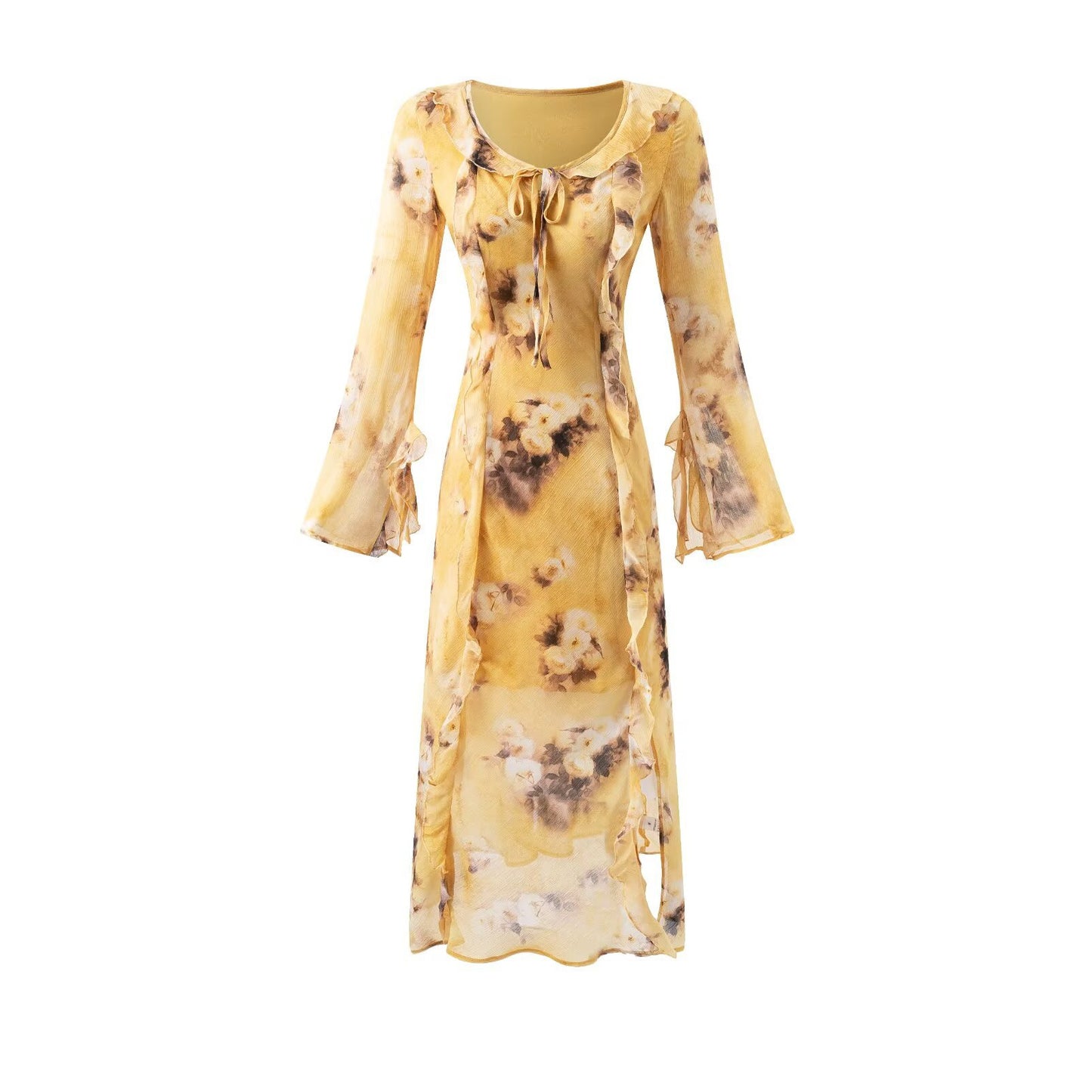 Women's French Retro Elegant Slim Fit Ruffled Round Neck Long Sleeve Waist Printed Dress