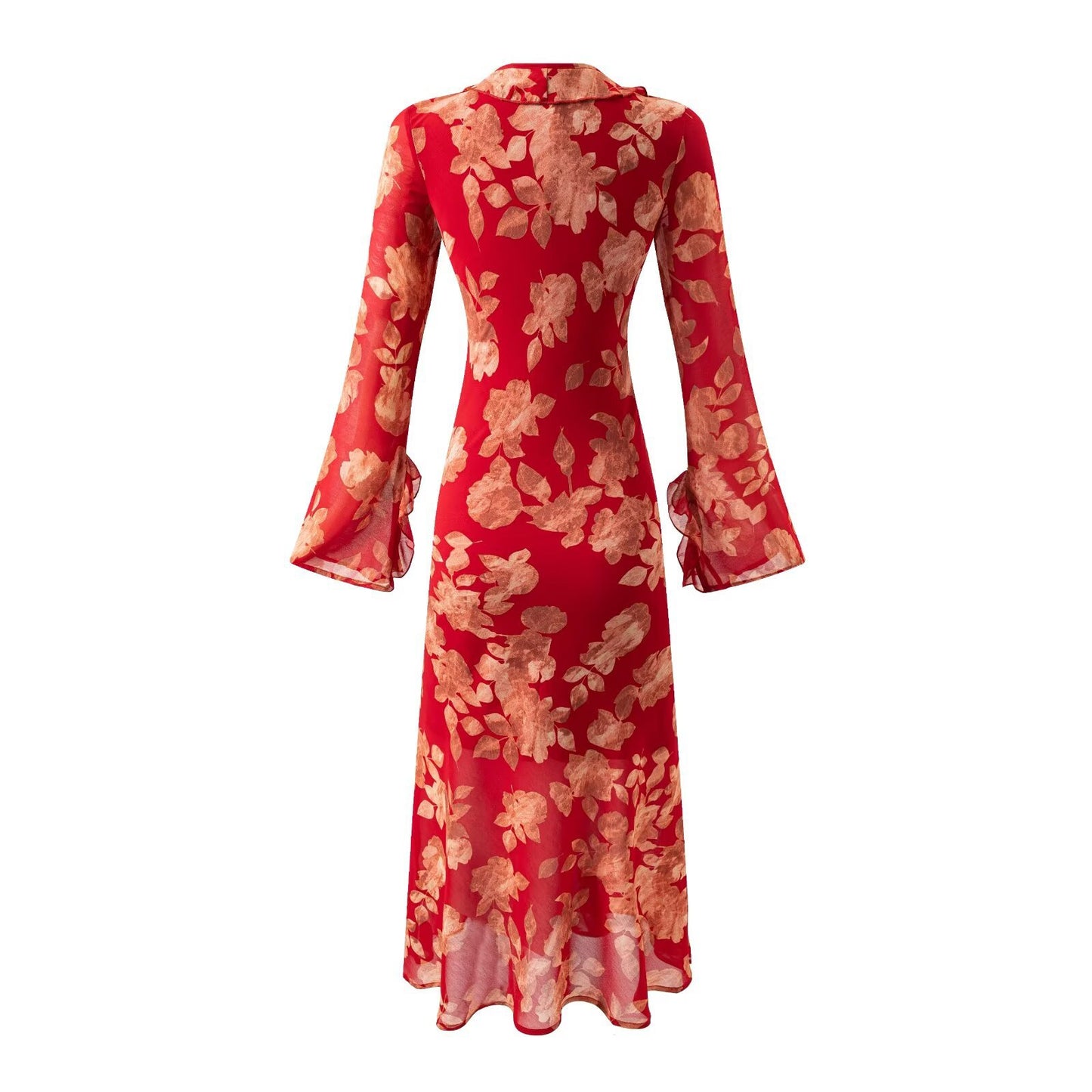 Women's French Retro Elegant Slim Fit Ruffled Round Neck Long Sleeve Waist Printed Dress
