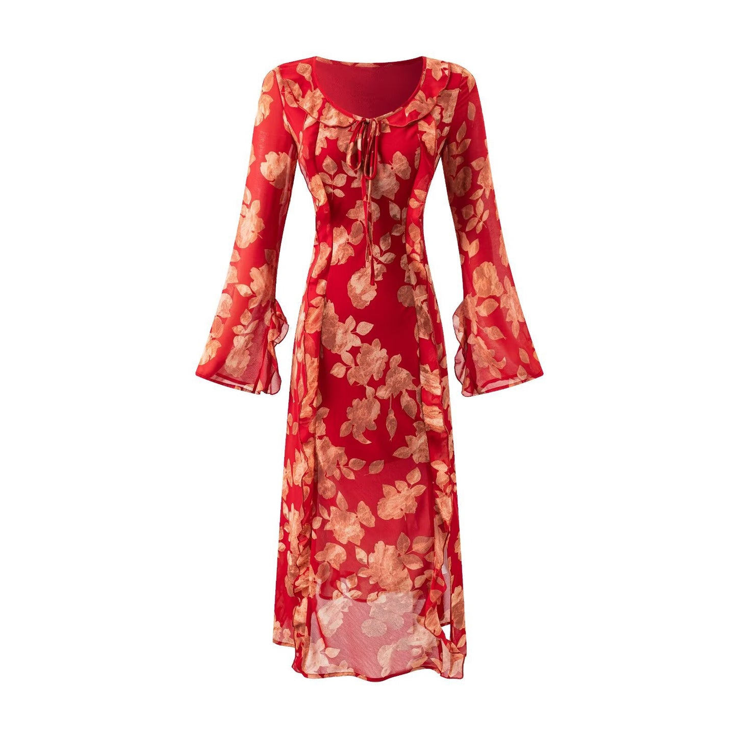 Women's French Retro Elegant Slim Fit Ruffled Round Neck Long Sleeve Waist Printed Dress