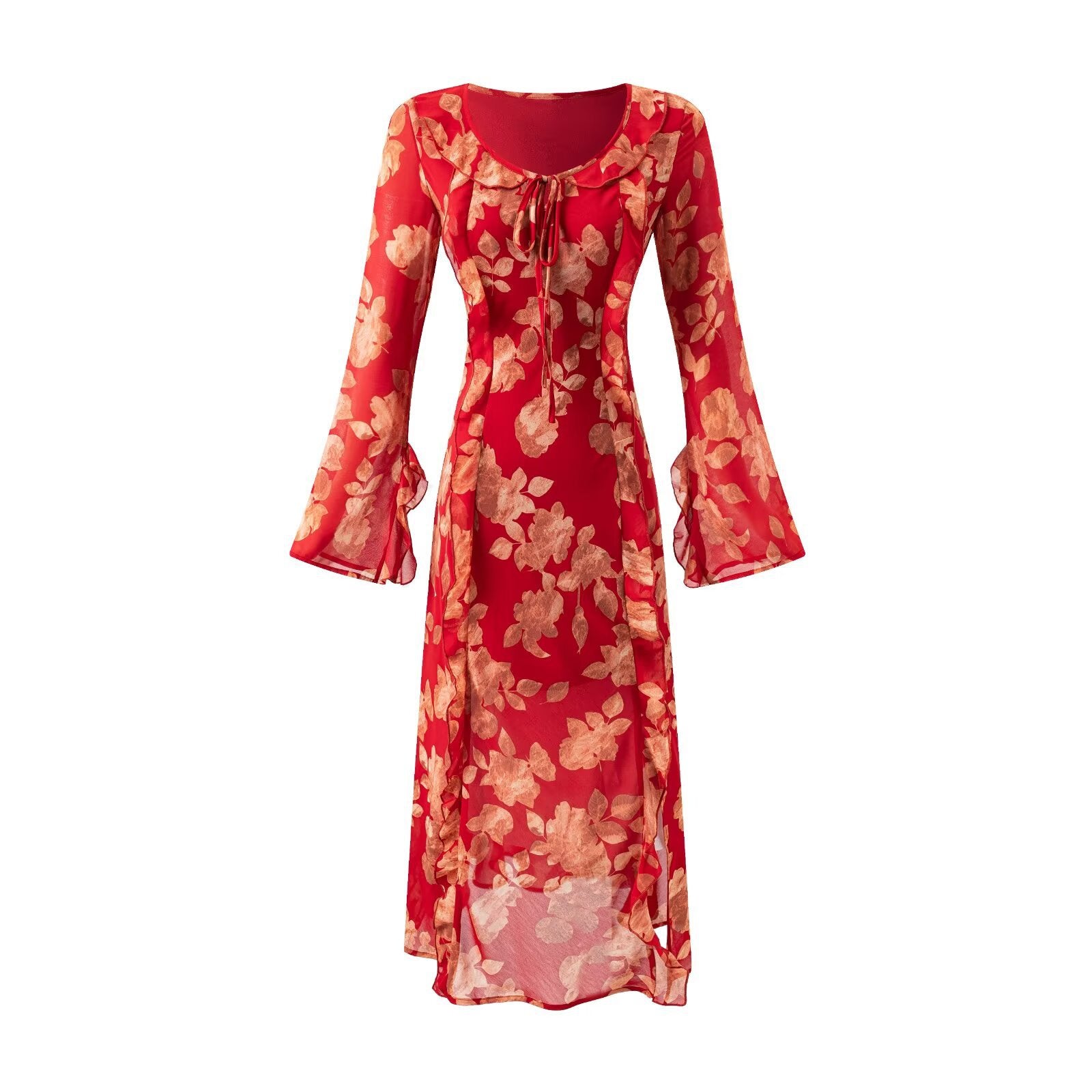Women's French Retro Elegant Slim Fit Ruffled Round Neck Long Sleeve Waist Printed Dress
