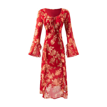 Women's French Retro Elegant Slim Fit Ruffled Round Neck Long Sleeve Waist Printed Dress