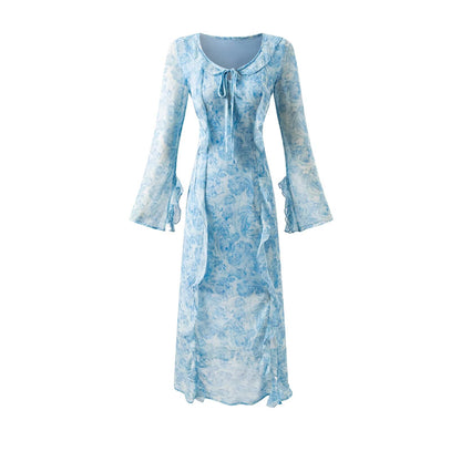 Women's French Retro Elegant Slim Fit Ruffled Round Neck Long Sleeve Waist Printed Dress