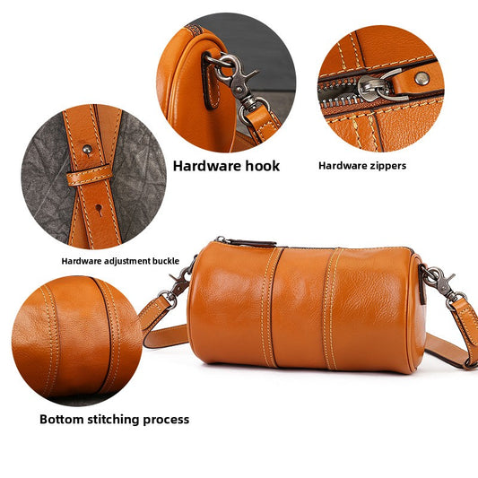 Women's Genuine Leather Cylindrical Crossbody Bag Retro Style