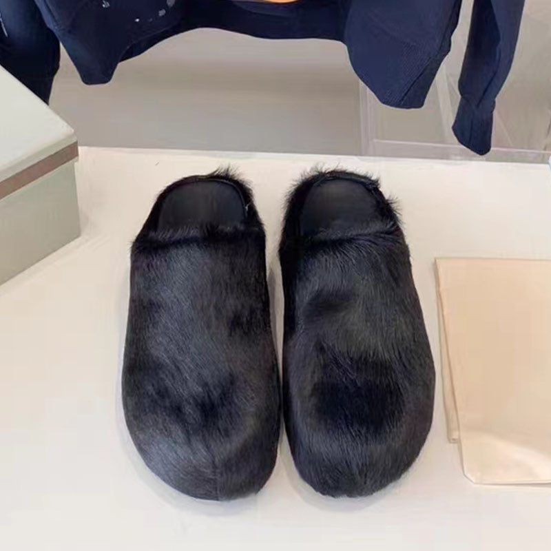 Women's Genuine Leather Horsehair Platform Slippers