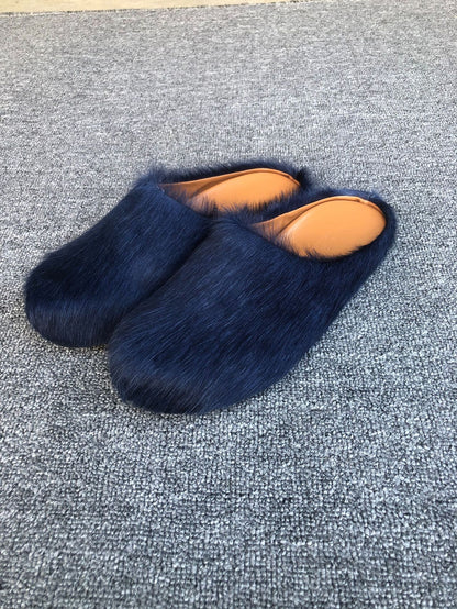 Women's Genuine Leather Horsehair Platform Slippers