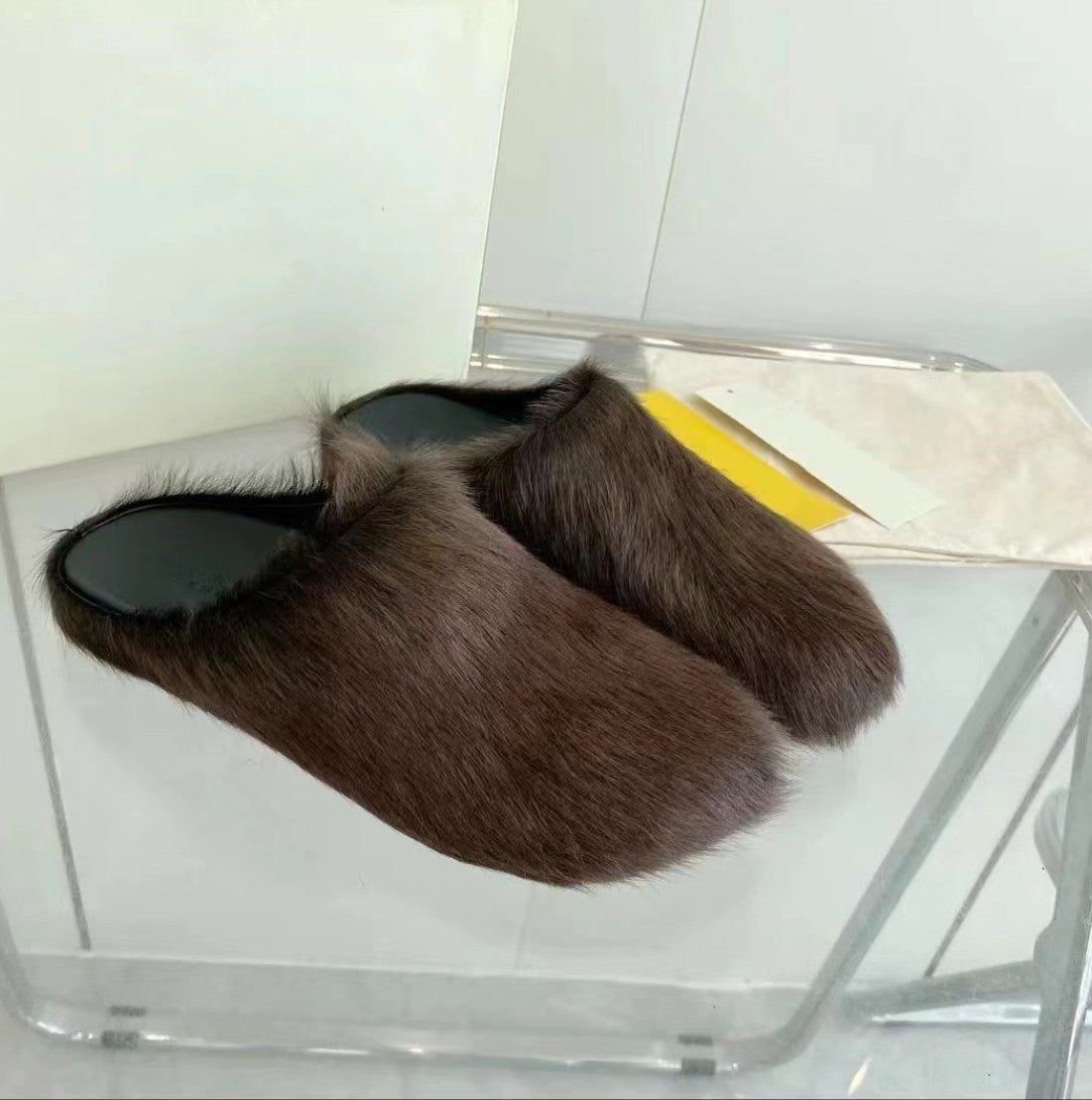 Women's Genuine Leather Horsehair Platform Slippers