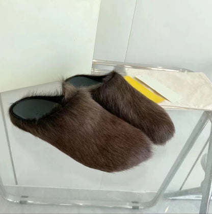 Women's Genuine Leather Horsehair Platform Slippers