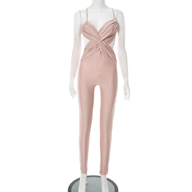 Women's Glossy Cross-Strap High-Waist Jumpsuit
