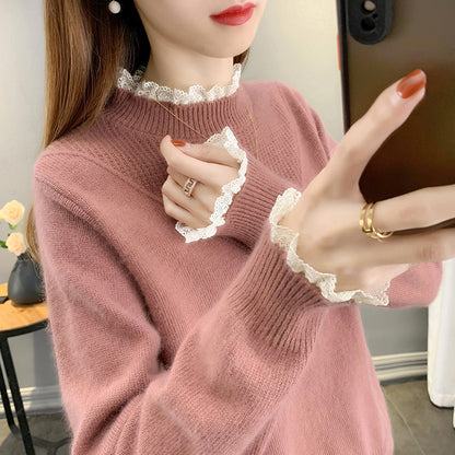 Women's Half Turtleneck Lace Knit Sweater