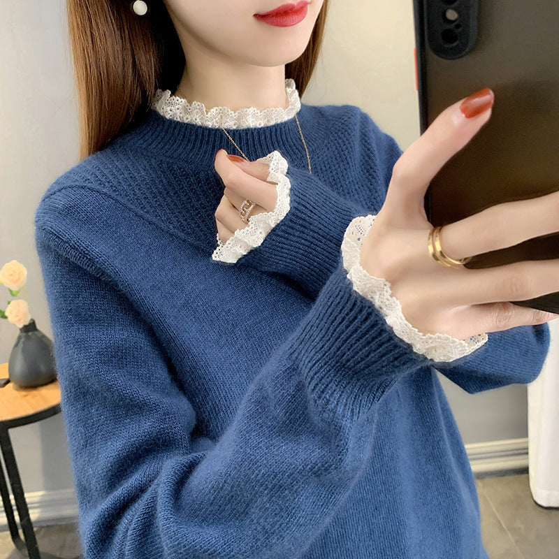 Women's Half Turtleneck Lace Knit Sweater