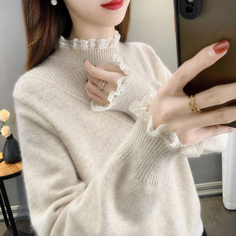 Women's Half Turtleneck Lace Knit Sweater