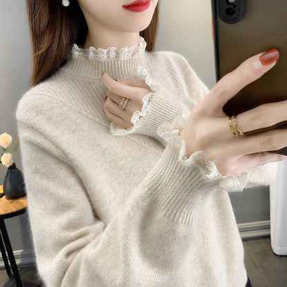 Women's Half Turtleneck Lace Knit Sweater