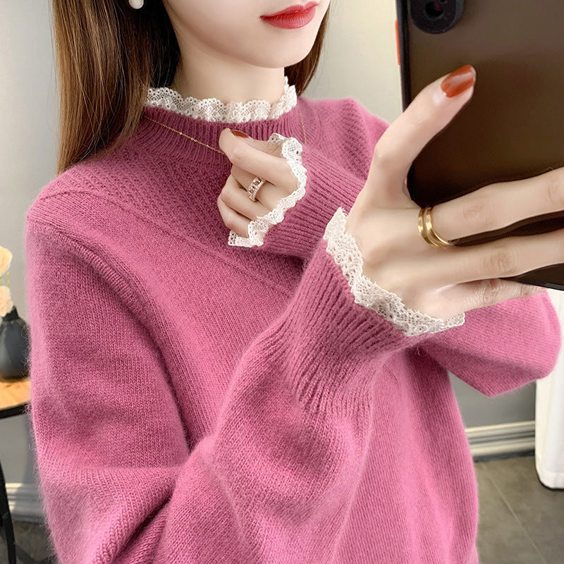 Women's Half Turtleneck Lace Knit Sweater