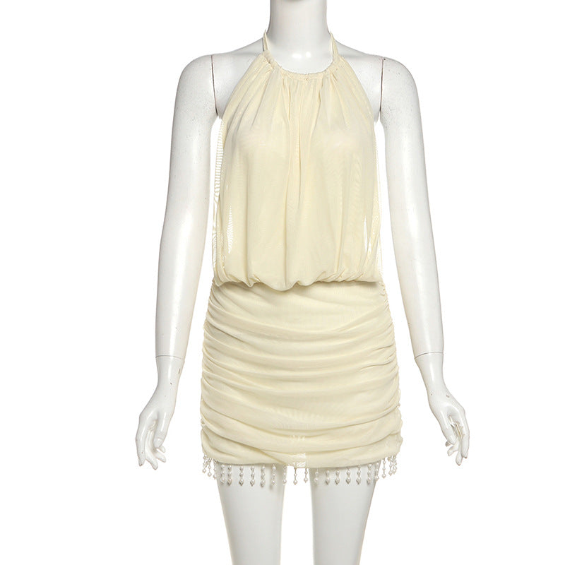Women's Halter Neck Sleeveless Dress with Tassel Bead Details